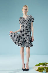 Designer Short Glitter V-neck Dress with Puff Sleeves